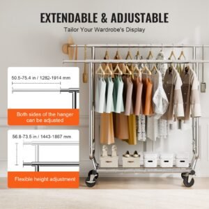 heavy duty clothes rack, double hanging rod clothing garment rack for hanging clothes, adjustable height and extendable length clothing rack with bottom storage area, 600 lbs load capacity