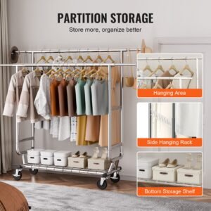 heavy duty clothes rack, double hanging rod clothing garment rack for hanging clothes, adjustable height and extendable length clothing rack with bottom storage area, 600 lbs load capacity