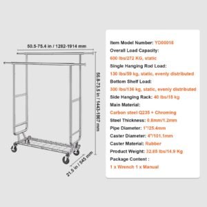 heavy duty clothes rack, double hanging rod clothing garment rack for hanging clothes, adjustable height and extendable length clothing rack with bottom storage area, 600 lbs load capacity