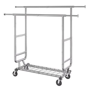 heavy duty clothes rack, double hanging rod clothing garment rack for hanging clothes, adjustable height and extendable length clothing rack with bottom storage area, 600 lbs load capacity