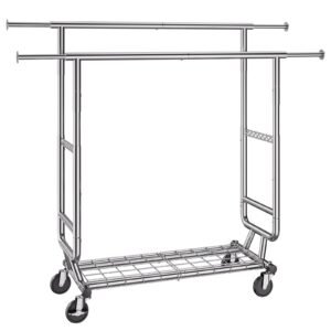 heavy duty clothes rack, double hanging rod clothing garment rack for hanging clothes, adjustable height and extendable length clothing rack with bottom storage area, 600 lbs load capacity