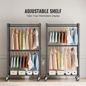 heavy duty clothes rack, double hanging rods clothing garment rack with bottom and top storage tier, rolling clothing rack for hanging clothes, 1'' diameter thicken steel tube hold up to 300lbs