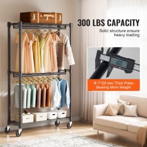 heavy duty clothes rack, double hanging rods clothing garment rack with bottom and top storage tier, rolling clothing rack for hanging clothes, 1'' diameter thicken steel tube hold up to 300lbs