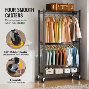 heavy duty clothes rack, double hanging rods clothing garment rack with bottom and top storage tier, rolling clothing rack for hanging clothes, 1'' diameter thicken steel tube hold up to 300lbs