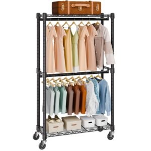 Heavy Duty Clothes Rack, Double Hanging Rods Clothing Garment Rack with Bottom and Top Storage Tier, Rolling Clothing Rack for Hanging Clothes, 1'' Diameter Thicken Steel Tube Hold Up to 300Lbs