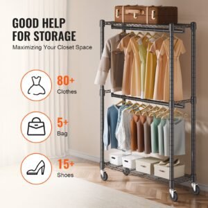 heavy duty clothes rack, double hanging rods clothing garment rack with bottom and top storage tier, rolling clothing rack for hanging clothes, 1'' diameter thicken steel tube hold up to 300lbs