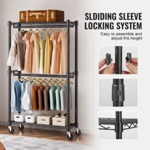 heavy duty clothes rack, double hanging rods clothing garment rack with bottom and top storage tier, rolling clothing rack for hanging clothes, 1'' diameter thicken steel tube hold up to 300lbs