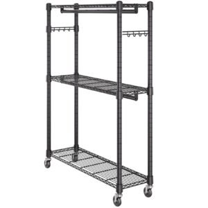 heavy duty clothes rack, rolling clothing garment rack with 3 storage tiers, 2 rods and 2 pairs side hooks, adjustable height clothing rack closet for hanging clothes, 400 lbs load capacity