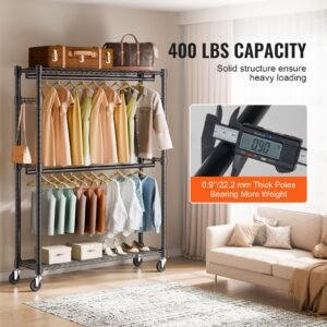 heavy duty clothes rack, rolling clothing garment rack with 3 storage tiers, 2 rods and 2 pairs side hooks, adjustable height clothing rack closet for hanging clothes, 400 lbs load capacity