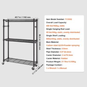 heavy duty clothes rack, rolling clothing garment rack with 3 storage tiers, 2 rods and 2 pairs side hooks, adjustable height clothing rack closet for hanging clothes, 400 lbs load capacity