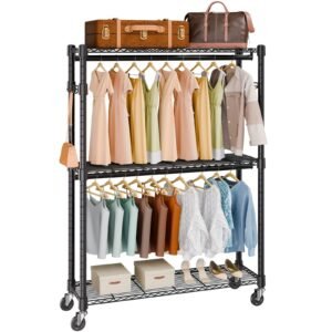 heavy duty clothes rack, rolling clothing garment rack with 3 storage tiers, 2 rods and 2 pairs side hooks, adjustable height clothing rack closet for hanging clothes, 400 lbs load capacity