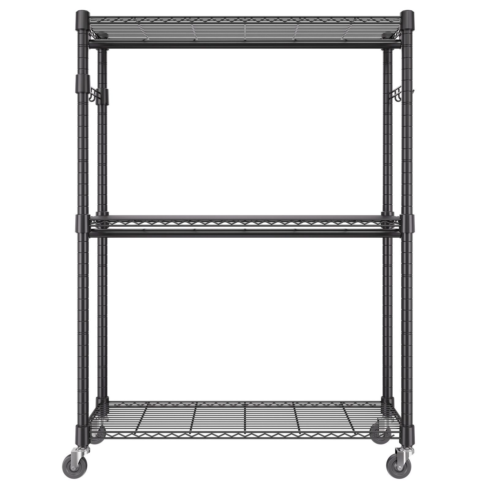heavy duty clothes rack, rolling clothing garment rack with 3 storage tiers, 2 rods and 2 pairs side hooks, adjustable height clothing rack closet for hanging clothes, 400 lbs load capacity
