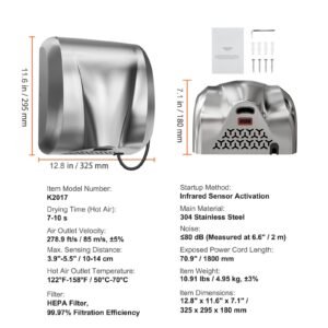 heavy duty commercial hand dryer, 1300w automatic high speed stainless steel warm wind hand blower, 120v plug in/hardwired two power options, compliant for industry business restrooms