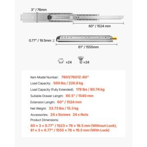 heavy duty drawer slides, 1 pair 60inch locking drawer slides, 500lbs load capacity, side mount ball bearing drawer glides, full extension industrial locking rail