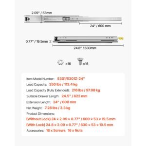 heavy duty drawer slides 16inch, 1 pair locking drawer slides 250lbs load capacity, side mount ball bearing, 3 fold full extension