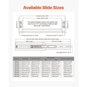 heavy duty drawer slides 18inch, 1 pair locking drawer slides 250lbs load capacity, side mount ball bearing, 3 fold full extension