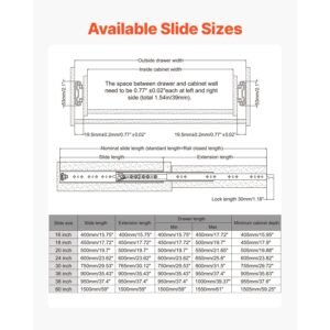 heavy duty drawer slides 20inch, 1 pair locking drawer slides 250lbs load capacity, side mount ball bearing, 3 fold full extension