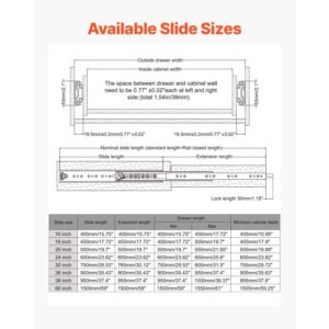 heavy duty drawer slides 30inch, 1 pair locking drawer slides 250lbs load capacity, side mount ball bearing, 3 fold full extension
