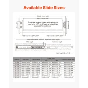 heavy duty drawer slides 38inch, 1 pair locking drawer slides 250lbs load capacity, side mount ball bearing, 3 fold full extension