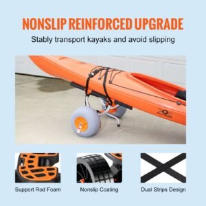 heavy duty kayak cart, foldable canoe trolley cart with 12'' tires, adjustable width 6.69" 17.32",350 lb weight capacity kayak trolley for kayaks canoes paddleboards float mats jon boats