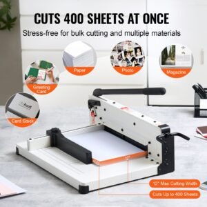 heavy duty paper cutter, 12" industrial commercial guillotine paper cutter for a4 paper, 400 sheet capacity, solid steel construction, stack paper trimmer for office home school shop, white