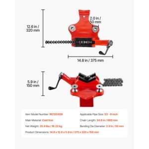 heavy duty pipe chain vise, 1/2" 8" pipe capacity, 34.6" rugged chain & cast iron base, industrial grade pipe clamping for plumbing, automotive repairs, metalworking