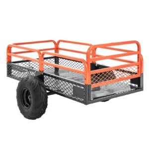 heavy duty steel atv dump trailer, 1500 pound load capacity 15 cubic feet, tow behind dump cart garden trailer, with removable sides and 2 tires, for mowers, tractors, atv, utv