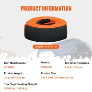 heavy duty tow strap recovery kit 3" x 30 ft (mbs 36,000 lbs) tree saver winch strap, triple reinforced loop & protective sleeves & storage bag , 3/4" d ring shackles, for truck jeep suv atv