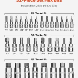 hex bit socket set, 32 piece, s2 alloy steel and cr v steel, standard sae and metric, 1/4 in, 3/8 in, and 1/2 in drives, with enhanced storage case, allen socket set for mechanics, auto repair