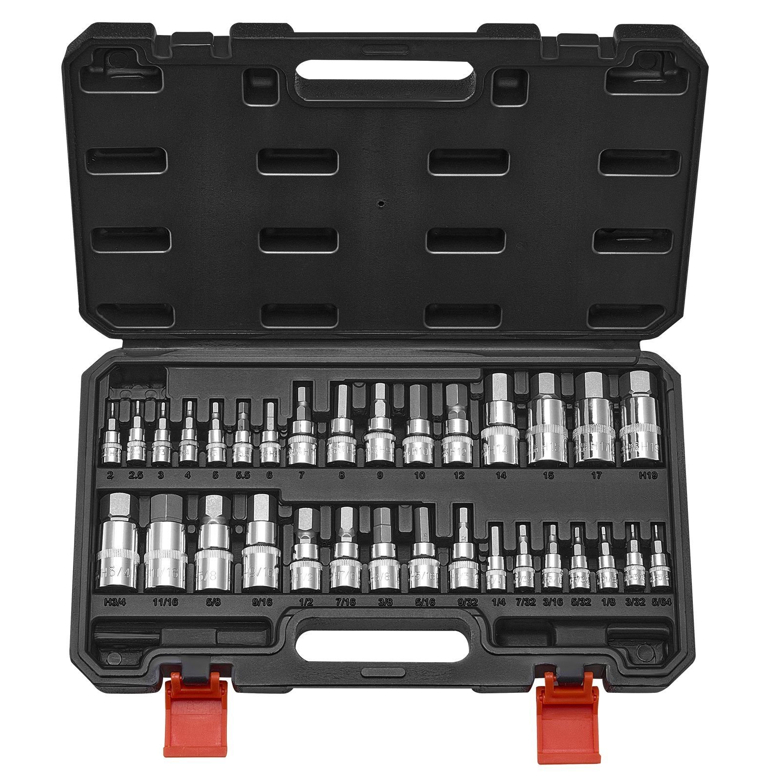 hex bit socket set, 32 piece, s2 alloy steel and cr v steel, standard sae and metric, 1/4 in, 3/8 in, and 1/2 in drives, with enhanced storage case, allen socket set for mechanics, auto repair