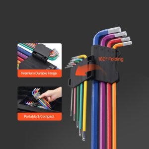 hex key allen wrench set, 22 pcs sae (0.050 3/8 in) and metric (1.5 10 mm), color coding allen wrenches sets with ball end, long arm l shaped hex key for bicycle, household, automobile repair