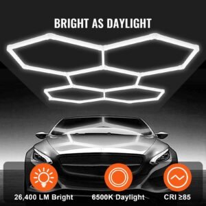 hexagon garage lights, 26400lm, 6500k 5 grid systems honeycomb hexagonal garage led lights, diy cool white car detailing garage ceiling lighting bright shop light for gym basement workshop