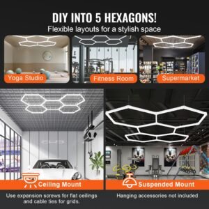 hexagon garage lights, 26400lm, 6500k 5 grid systems honeycomb hexagonal garage led lights, diy cool white car detailing garage ceiling lighting bright shop light for gym basement workshop