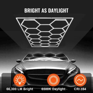hexagon garage lights, 66300lm, 6500k 15 grid systems honeycomb hexagonal garage led lights, diy cool white car detailing garage ceiling lighting bright shop light for gym basement workshop