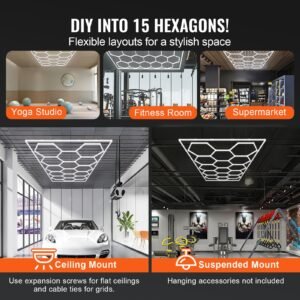 hexagon garage lights, 66300lm, 6500k 15 grid systems honeycomb hexagonal garage led lights, diy cool white car detailing garage ceiling lighting bright shop light for gym basement workshop