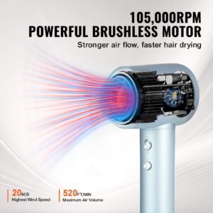 high speed hair dryer with 105,000rpm brushless motor, 200 million negative ions hair blow dryer, 4 temps & 3 speeds, lcd display thermo control hairdryer with diffuser & nozzle for home travel