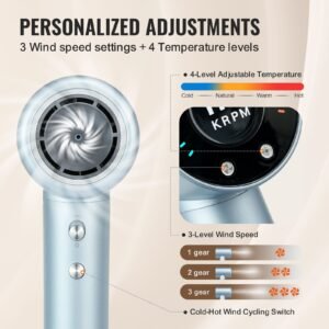 high speed hair dryer with 105,000rpm brushless motor, 200 million negative ions hair blow dryer, 4 temps & 3 speeds, lcd display thermo control hairdryer with diffuser & nozzle for home travel