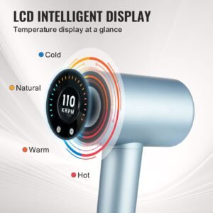 high speed hair dryer with 105,000rpm brushless motor, 200 million negative ions hair blow dryer, 4 temps & 3 speeds, lcd display thermo control hairdryer with diffuser & nozzle for home travel