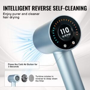 high speed hair dryer with 105,000rpm brushless motor, 200 million negative ions hair blow dryer, 4 temps & 3 speeds, lcd display thermo control hairdryer with diffuser & nozzle for home travel
