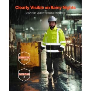 high visibility reflective safety jacket, waterproof safety hoodie, work construction coat with pockets for men & women, rain gear meet ansi & class 3, hi vis yellow coat with black bottom, l
