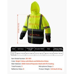 high visibility reflective safety jacket, waterproof safety hoodie, work construction coat with pockets for men & women, rain gear meet ansi & class 3, hi vis yellow coat with black bottom, l