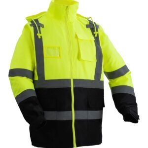 high visibility reflective safety jacket, waterproof safety hoodie, work construction coat with pockets for men & women, rain gear meet ansi & class 3, hi vis yellow coat with black bottom, l