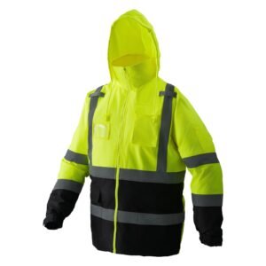 high visibility reflective safety jacket, waterproof safety hoodie, work construction coat with pockets for men & women, rain gear meet ansi & class 3, hi vis yellow coat with black bottom, l