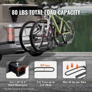 hitch mount bike rack, 2 bike platform style, 80 lbs max capacity bike rack hitch for 1.25 /2 inch receiver, titling and folding bike carrier with tires up to 2.4" wide, for car, suv, truck, rv