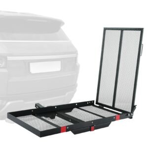 hitch mount cargo carrier, 45.3" x 25.6" iron hitch cargo rack with folding ramp, hitch rack basket with stabilizer and straps, 500lbs mobility scooter carrier fit 2" hitch receiver
