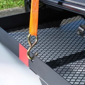 hitch mount cargo carrier, 45.3" x 25.6" iron hitch cargo rack with folding ramp, hitch rack basket with stabilizer and straps, 500lbs mobility scooter carrier fit 2" hitch receiver