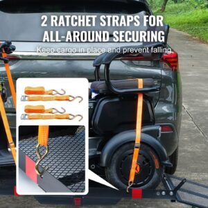 hitch mount cargo carrier, 45.3" x 25.6" iron hitch cargo rack with folding ramp, hitch rack basket with stabilizer and straps, 500lbs mobility scooter carrier fit 2" hitch receiver