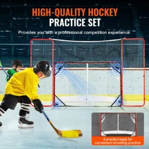 hockey goal with backstop and targets, street steel hockey net, 72" pro hockey training goal set, portable indoor outdoor hockey goal with net, easy assemble, white/red