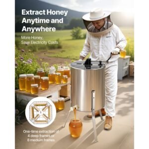 honey extractor, 4/8 frame manual honey spinner with transparent lid, stainless steel honeycomb drum spinner with height adjustable stand, honeycomb extraction equipment for beekeeping