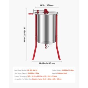 honey extractor, 6 frame manual honey spinner with transparent lid, stainless steel honeycomb drum spinner with height adjustable stand, honeycomb extraction centrifuge equipment for beekeeping